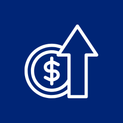 increase revenue iconography, coin and upward arrow